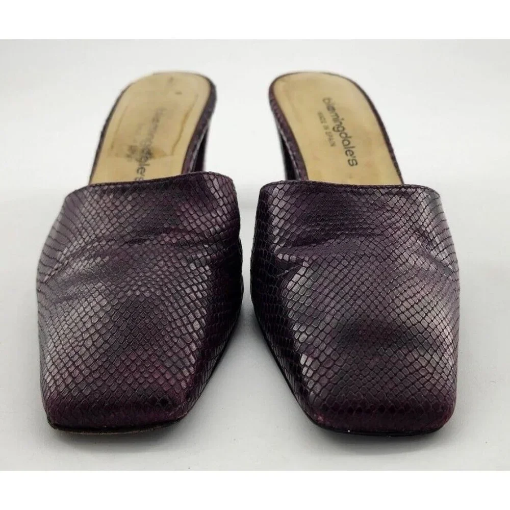 Bloomingdale's Womens Slip On Block Heels Square Toe Purple Faux Snake Skin 36.5